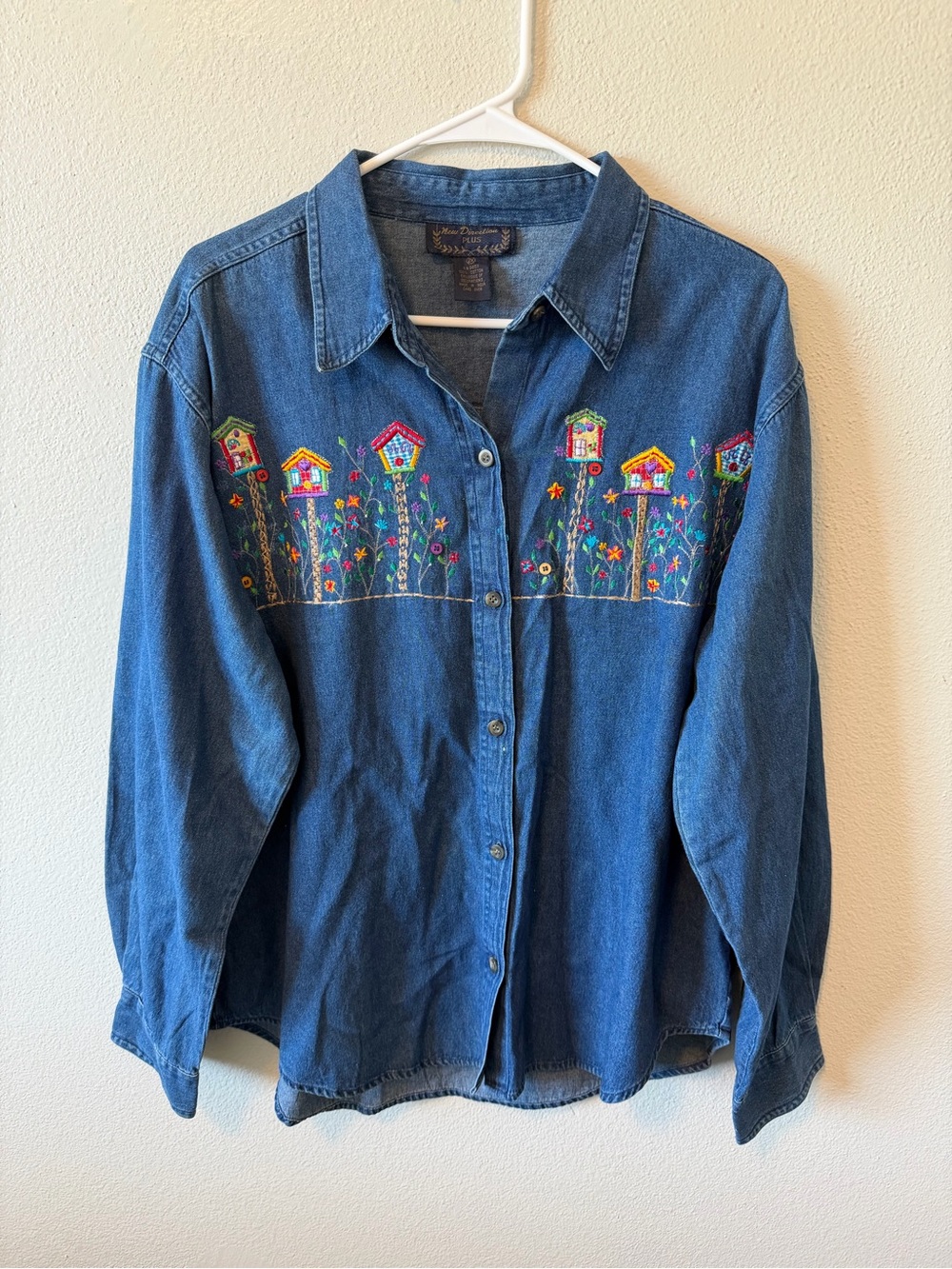 New Direction Plus Vintage 90s Birdhouse Embroidered Denim Shirt Butter Mom